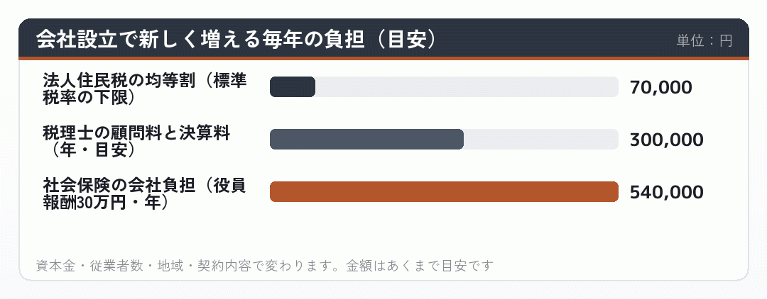 会社設立で新しく増える毎年の負担(目安)