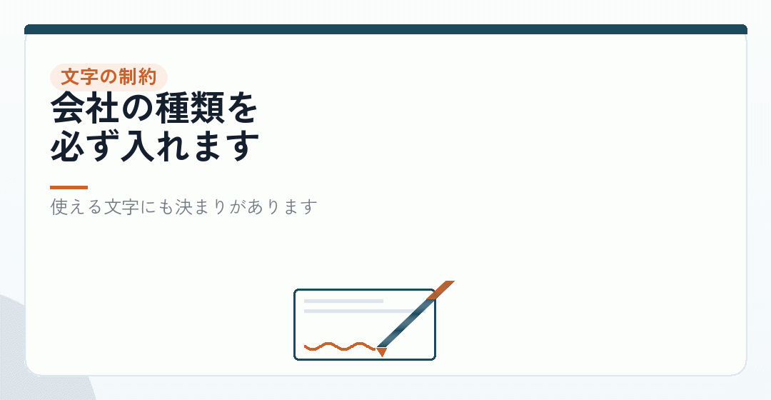 商号に使える文字と、必ず入れるものを表したイラスト